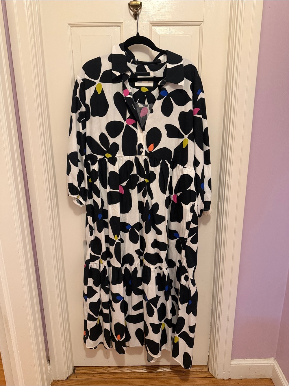 Maeve Black and White Floral Tiered Maxi Dress with Colorful Dot Details